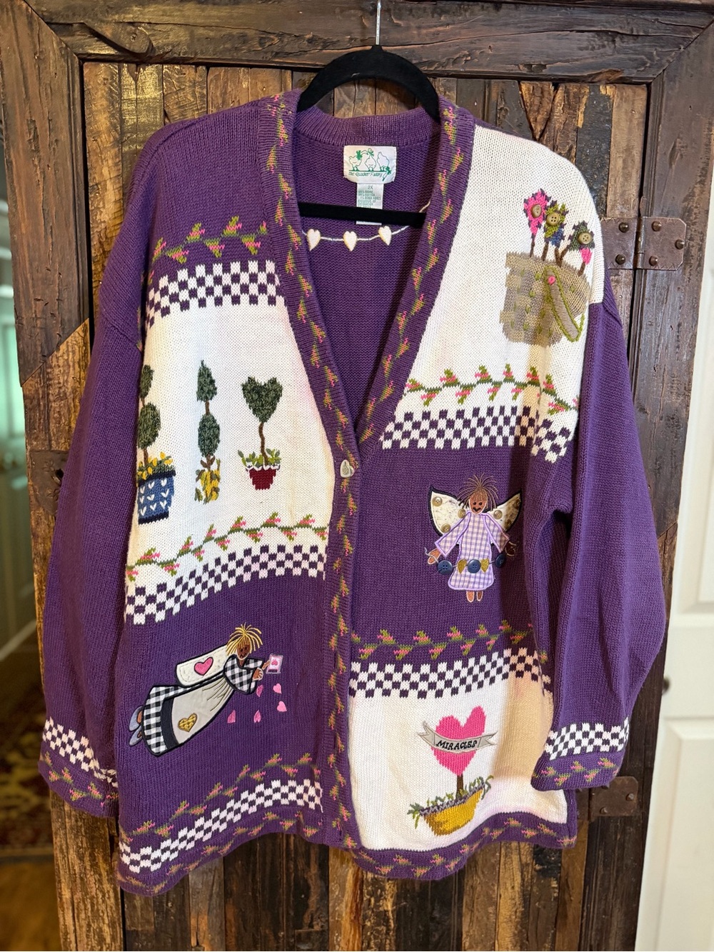 Vintage 90s Quacker Factory 2X Garden Angel Miracles Cardigan Sweater Purple